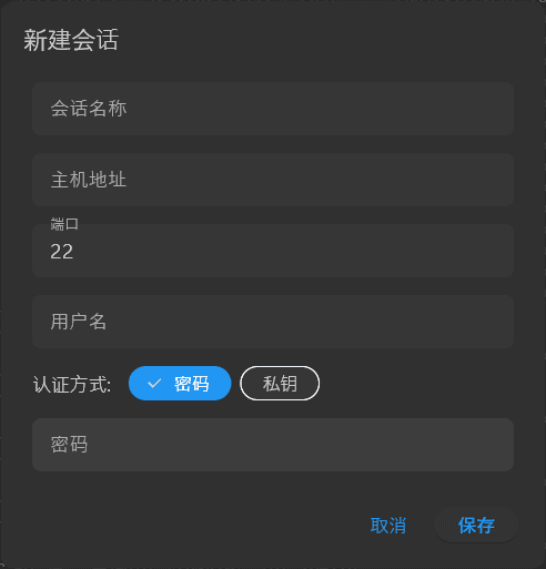 Wisdom SSH 新建会话界面截图 - 显示会话名称、主机地址、端口、用户名、认证方式等配置选项